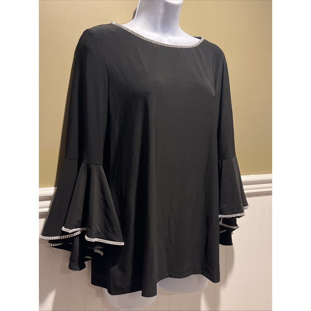 Chaus Black Crystal Embellished Blouse 3/4 Bell Sleeve Top M - Picture 2 of 7